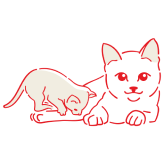 Boceto de un gato adulto acostado con un gatito trepando sobre él